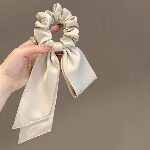 French Elegant Satin Fabric Hair Scrunchie With Long Ribbon Bowknot Artificial Pearl Edge Decoration Headband Hair Ties For Women