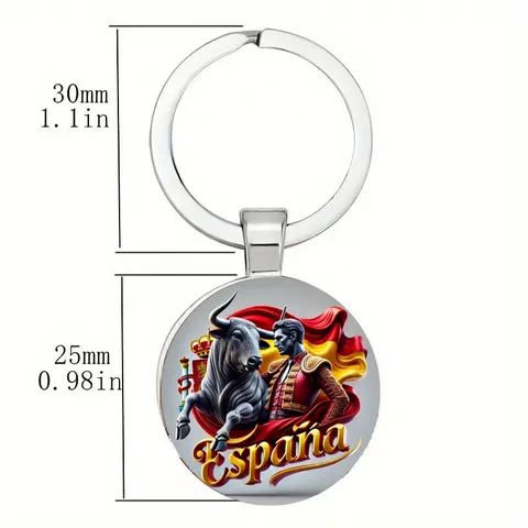 Spain Matador Bull Round Glass Cabochon Alloy Keychain Pendant Travel Souvenir Metal Key Ring Charm Decorative Jewelry