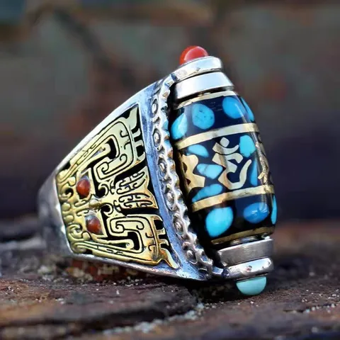 Rétro Style Tibétain Alliage de Zinc Bague Perle Dzi Unisexe Vintage Mantra Sculpté Bague Ouverte Mode Bijou Doigt Cadeau