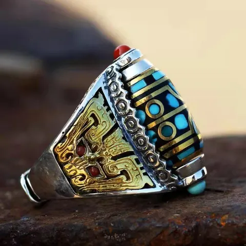 Rétro Style Tibétain Alliage de Zinc Bague Perle Dzi Unisexe Vintage Mantra Sculpté Bague Ouverte Mode Bijou Doigt Cadeau