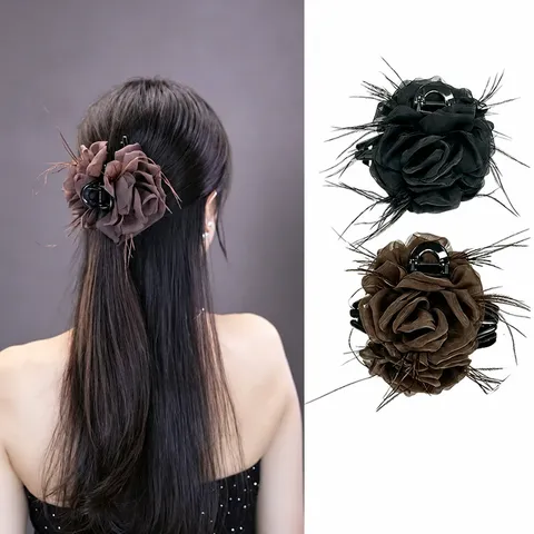 Vrouwen Mode Veer Rozenbloem Haarclip Grote Haai Clip Haaraccessoires