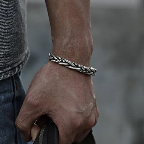 Heren Vintage Geometrisch Gevlochten Open Manchet Armband Titanium Verzilverd Punk Rock Mode Sieraden Cadeau