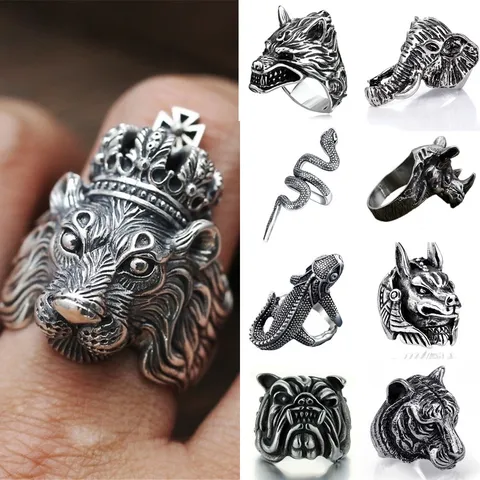 Retro Punk Dier Open Ring Voor Mannen Vintage Legering Slang Wolf Leeuw Tijger Stier Ring Mode Sieraden Vingerring