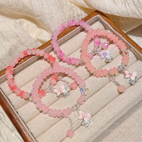 Bracelet de Perles en Verre Cristal Avec Pendentif Papillon Mignon Style Doux Bijou de Main pour Cadeau de Femme