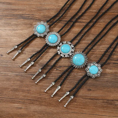 Vintage Punk Alloy Artificial Turquoise Floral Bolo Tie Necklace Leather Cord Long Sweater Chain Jewelry For Women Men