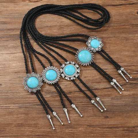 Vintage Punk Alloy Artificial Turquoise Floral Bolo Tie Necklace Leather Cord Long Sweater Chain Jewelry For Women Men