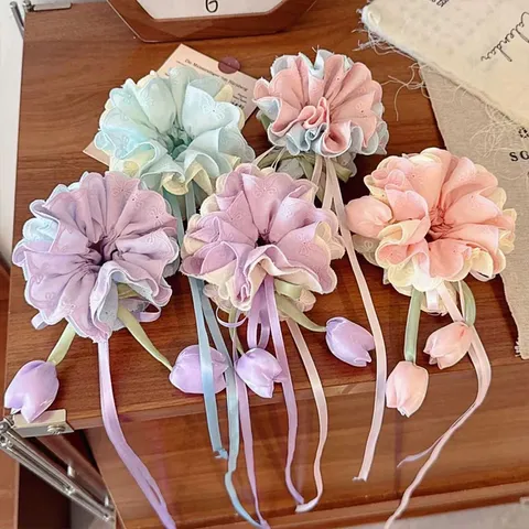 Süßes Tulpenblüten Band Haargummi Stoff Blumen Pferdeschwanz Halter Elastisches Haarband Haarschmuck Für Damen