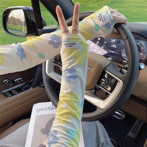 Manchettes de Protection Solaire en Soie de Glace Femmes Imprimé Floral Étoiles Gants Longs pour Cyclisme Conduite