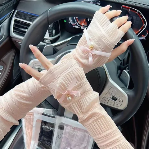 Damen Eisseide Sonnenschutz Ärmel Sommer Outdoor Fahrt UV Schutz Arm Ärmel Mit Perle Schleife Mode Accessoires