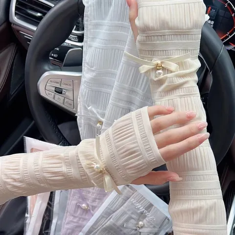 Damen Eisseide Sonnenschutz Ärmel Sommer Outdoor Fahrt UV Schutz Arm Ärmel Mit Perle Schleife Mode Accessoires