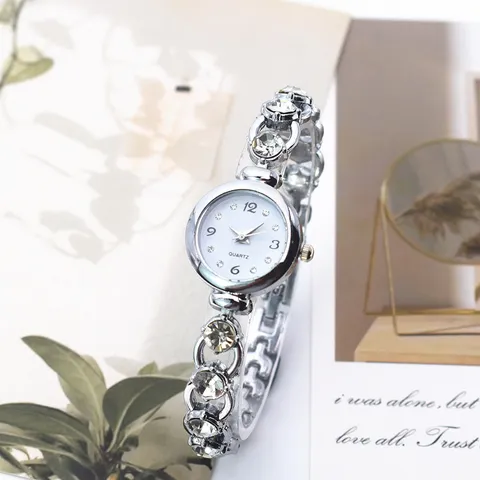 Women's Casual Quartz Bracelet Watch Elegant Rhinestone Inlaid Metal Strap Fashion Wristwatch For Ladies Students Jewelry Gift