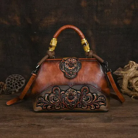 Sac à Main Vintage Style Ethnique Texture Sculptée Grande Capacité pour Femmes Rétro Gaufré Sac à Bandoulière Commuter Tote