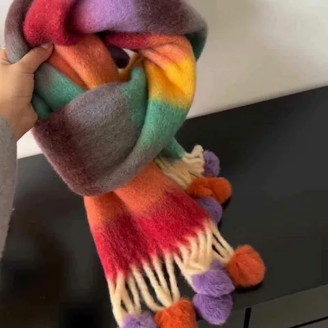 Regenbogen Kariert Bommel Schal Für Damen Weich Mohair Gefühl Winter Warm Lang Shawl Mit Quasten Bequem Decke