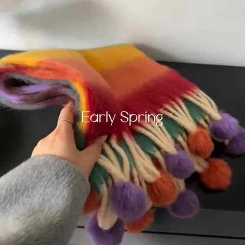 Regenbogen Kariert Bommel Schal Für Damen Weich Mohair Gefühl Winter Warm Lang Shawl Mit Quasten Bequem Decke