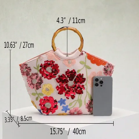 Élégant Sac Cabas Style Resort de Plage avec Broderies Florales et Paillettes avec Poignées en Bambou Sac à Main en PVC et Lin pour Femmes Sac à Bandoulière de Vacances