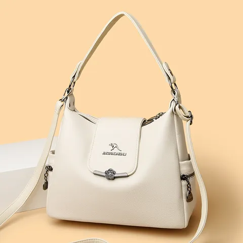 Borsa Tote retrò in pelle PU da donna Grande capacità Multi-scomparto Borsa a tracolla con logo a canguro e fibbia a fiore