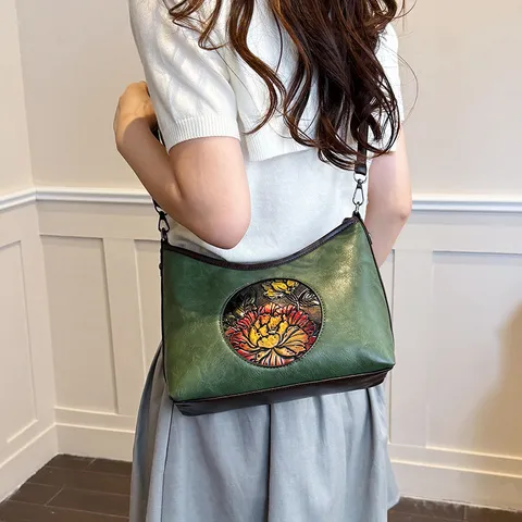 Sac à Bandoulière Rétro Bosselé pour Femmes Style Ethnique Chinois Sacoche en Cuir PU Motif Floral Ethnique Casual Navetteur