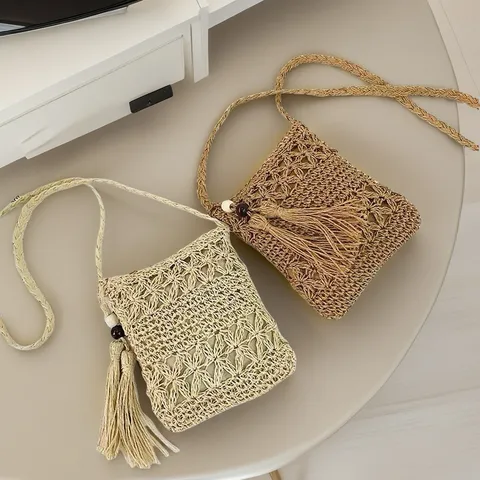 Womens Casual Paper Straw Crossbody Bag Woven Mobile Phone Bag Summer Beach Handbag Travel Pouch