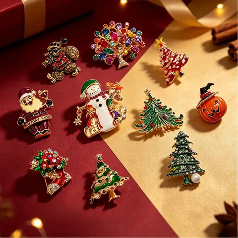 Elegante Zinklegering Strass Kerstboom Kerstman Sneeuwpop Brosche Festieve Emaille Kunstparel Vakantie Badge Speld Voor Kleding Hoed Cadeau Unisex
