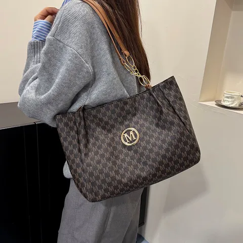 Damen Retro M Monogramm Druck PU Leder Tote Und Pouch Set Mode Große Kapazität Umhängetasche Pendler Tasche Büro