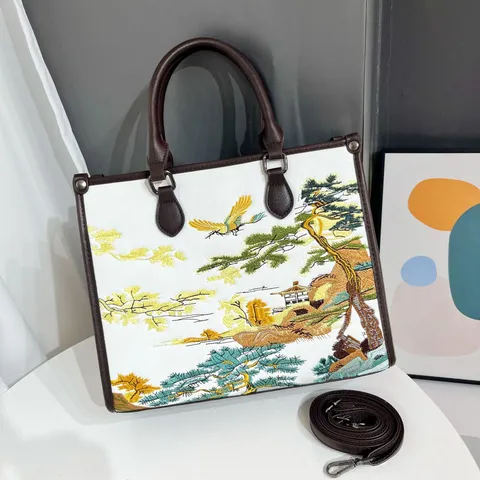 Grote Capaciteit Tote Tas Chinese Stijl Landschap Borduurwerk Handtas PU Leer Casual Woon-Werkverkeer Schoudertas
