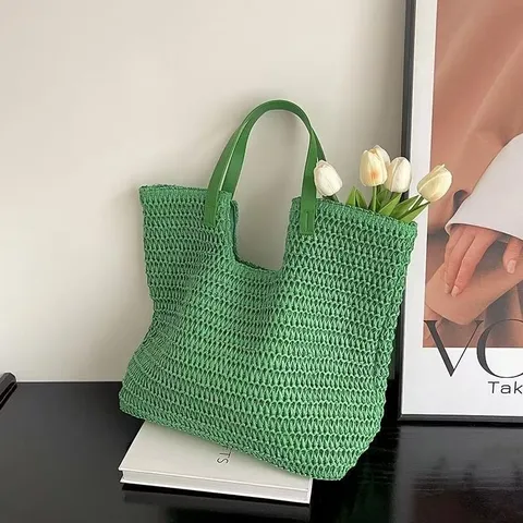 Women Large Capacity Straw Woven Tote Bag Casual Urban Minimalist Beach Seaside Vacation Handbag Simple Shoulder Bag