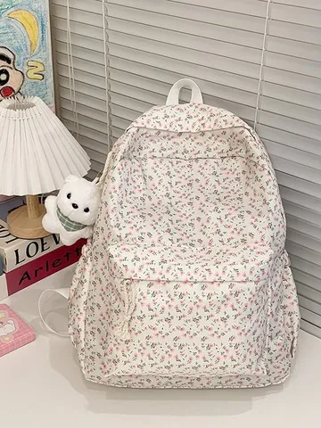Sac à Dos en Tissu Oxford Floral de Style Japonais Mori pour Femmes Étudiantes Cartable Frais avec Pendentif Ours en Peluche