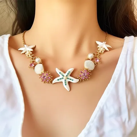 Boho Legierung Seestern Muschel Anhänger Halskette Armband Ringe Ohrringe Set Für Damen Strand Urlaub Sommer Kropfband Strass Künstliche Perle Schmuck