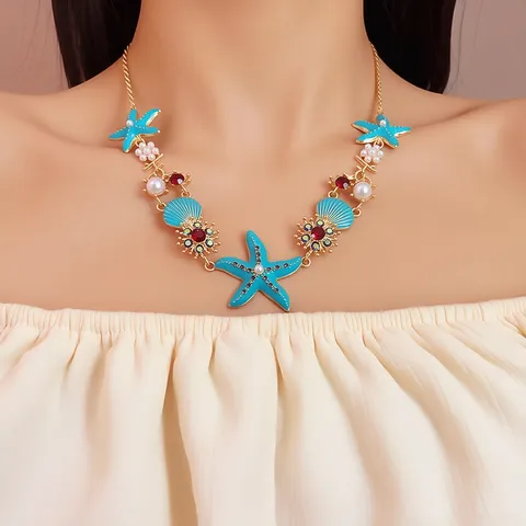 Boho Legierung Seestern Muschel Anhänger Halskette Armband Ringe Ohrringe Set Für Damen Strand Urlaub Sommer Kropfband Strass Künstliche Perle Schmuck