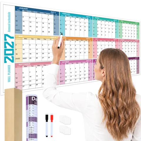 Large Yearly Wall Calendar 2027 Annual Schedule Planner With Erasable Film And Writing Pens For Home Office Desk Organizer