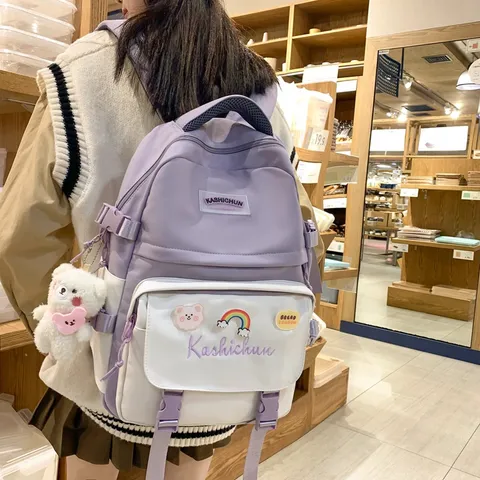 Dames Casual Nylon Rugzak Grote Capaciteit Schooltas Kleurenblok Studenten Boekentas Met Badges En Hangers