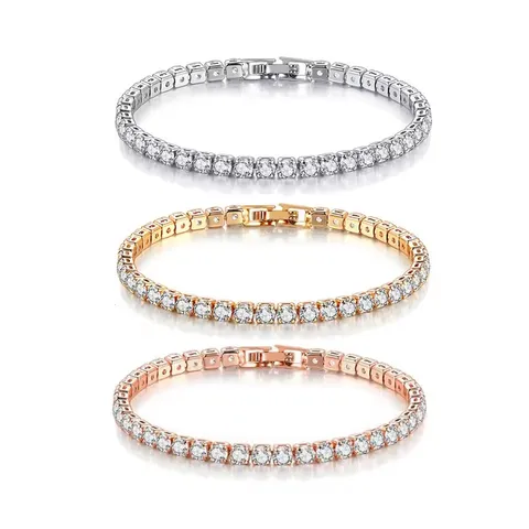 Bracelet Tennis à Rangée Unique Zirconia Rond pour Femmes Hommes Cuivre Plaqué Or Bijoux Mode Classique Chaîne de Main Cadeau