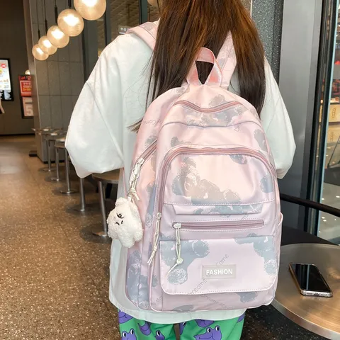 Dames Casual Nylon Rugzak Grote Capaciteit Schooltas Schattige Berenprint Boekentas Reistas Meerlaagse Zakken