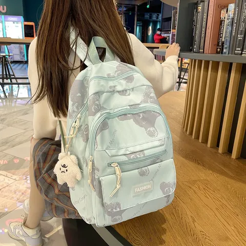 Dames Casual Nylon Rugzak Grote Capaciteit Schooltas Schattige Berenprint Boekentas Reistas Meerlaagse Zakken