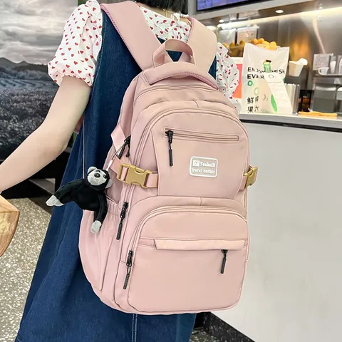 Casual Nylon Rugzak Voor Studenten Grote Capaciteit Schooltas Effen Kleur Boekentas Met Meerdere Zakken En Gewatteerde Bandjes