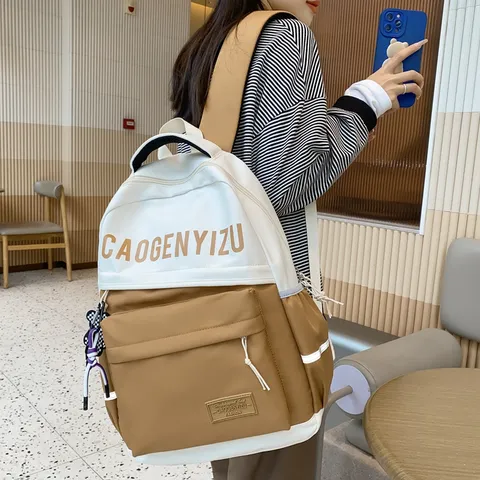 Casual Nylon Rugzak Voor Vrouwen Student Grote Capaciteit Schooltas Kleurblok Reizen Dagrugzak Stijlvolle Laptopjas