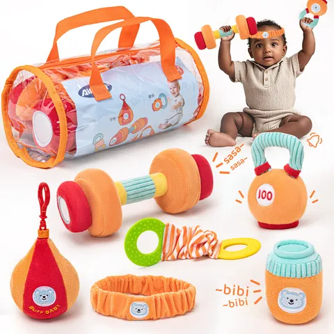 Baby Fitness Gym Toys Set Infant Sensory Development Plush Dumbbell Rattle Teether Grasping Training Toys For Newborns