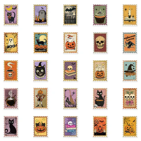 Vintage Halloween Stamp Stickers Waterproof Vinyl Decals For Water Bottle Phone Laptop Luggage Decorative Gothic Pumpkin Ghost Skull Stickers