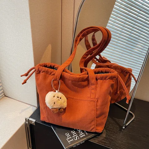 Dames Grote Capaciteit Corduroy Shopper Casual Schouder Handtas Eenvoudige Woon-Werkverkeer Crossbody Tas Met Hanger