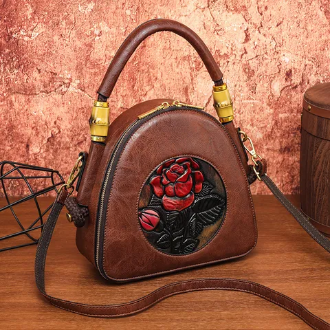 Dames Etnische Stijl Geproduceerde Schoudertas Vintage PU Leer Ronde Schoudertas Met Bamboe Handvat Bloemen Handtas