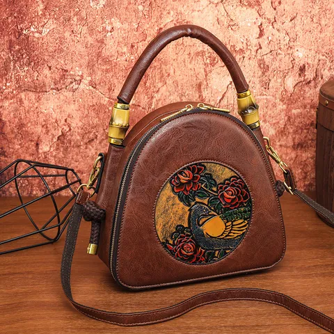 Dames Etnische Stijl Geproduceerde Schoudertas Vintage PU Leer Ronde Schoudertas Met Bamboe Handvat Bloemen Handtas