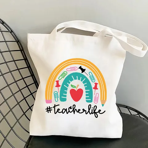 Rainbow Teacher Printed Canvas Tote Bag For Women Teacher's Day Gift Cotton Eco-Friendly Reusable Shoulder Shopping Bag