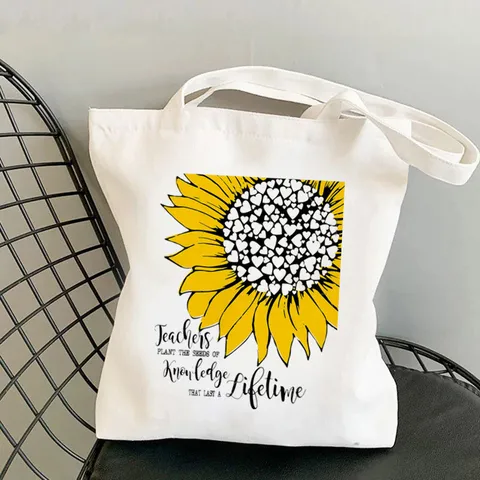 Rainbow Teacher Printed Canvas Tote Bag For Women Teacher's Day Gift Cotton Eco-Friendly Reusable Shoulder Shopping Bag