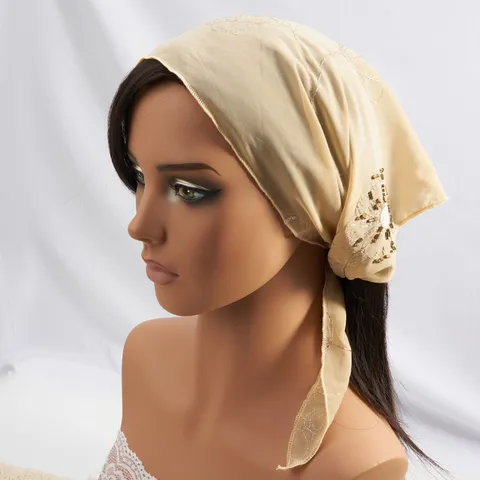 Vintage Floral Embroidered Triangle Bandana For Women Linen Retro Headscarf With Bugle Beads And Sequins Bohemian Style Hair Accessory