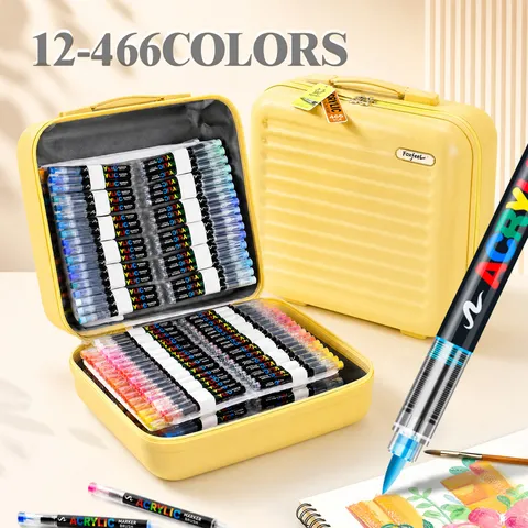 466 Colors Direct Liquid Acrylic Marker Set With Portable Yellow Suitcase Storage Box Brush Tip Paint Pens For DIY Art Painting