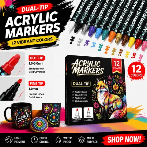 Double Headed Acrylic Markers Multicolor Dual Tip Dot And Fine Tip Waterproof Paint Pens For Rock Ceramic Wood DIY Art Drawing Supplies For Students Artists
