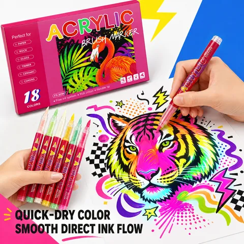 Fluorescent Acrylic Brush Markers Set 18 Colors Direct Liquid Soft Tip Painting Pens For Rock Glass Wood Ceramic Canvas Art Supplies
