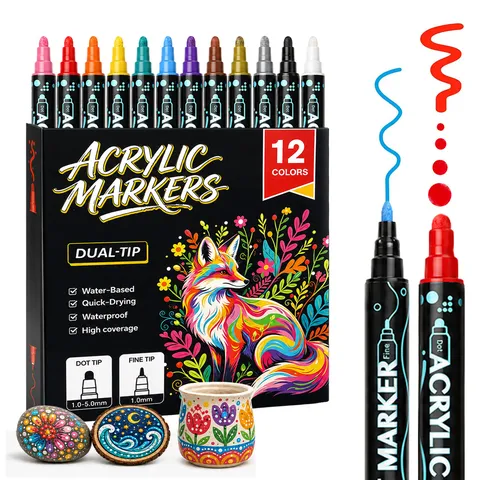 Double Headed Acrylic Markers Multicolor Dual Tip Dot And Fine Tip Waterproof Paint Pens For Rock Ceramic Wood DIY Art Drawing Supplies For Students Artists