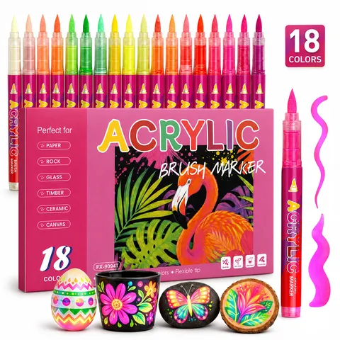 Fluorescent Acrylic Brush Markers Set 18 Colors Direct Liquid Soft Tip Painting Pens For Rock Glass Wood Ceramic Canvas Art Supplies