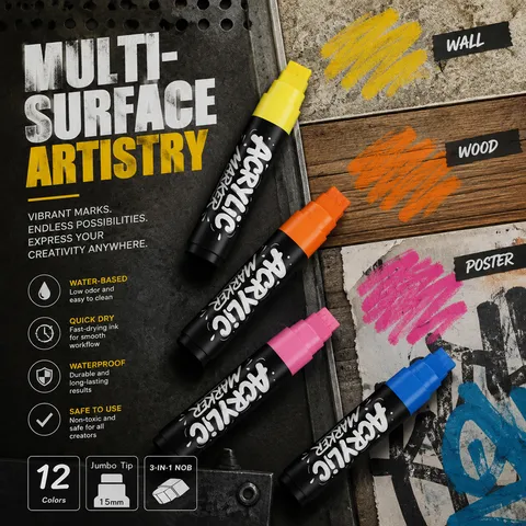 Large Capacity Acrylic Paint Markers Multi Colors Waterproof Quick Drying Jumbo Graffiti Art Pen For Poster Glass Wood Ceramic Decorative